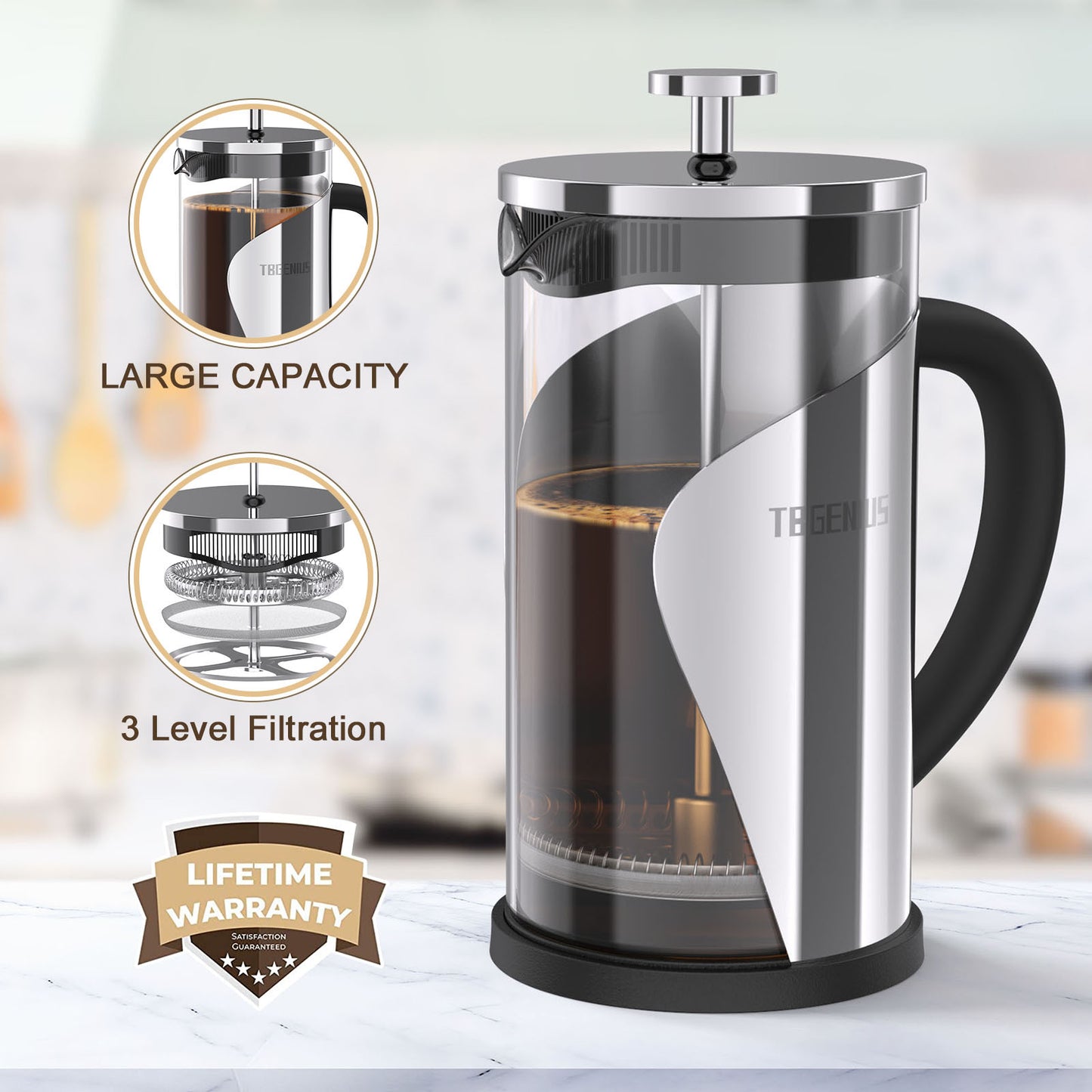 TBGENIUS Cafetiere 2-4 Cups French Press 600ml Coffee Maker 4 Level Filtration System, Metal Housing, Perfect For Coffee Lover Gifts Morning Coffee - Brews Milk Froth And Tea