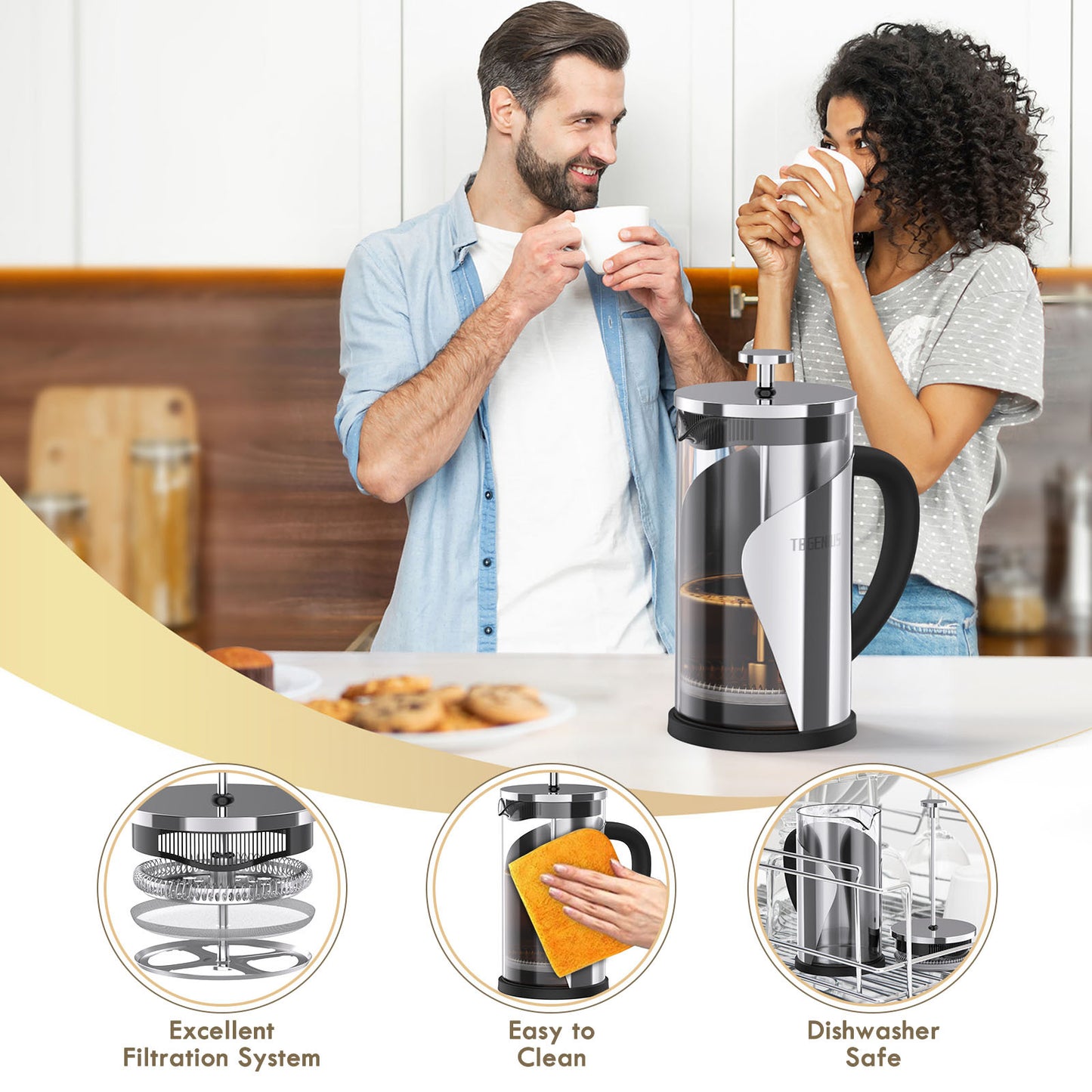 TBGENIUS Cafetiere 2-4 Cups French Press 600ml Coffee Maker 4 Level Filtration System, Metal Housing, Perfect For Coffee Lover Gifts Morning Coffee - Brews Milk Froth And Tea