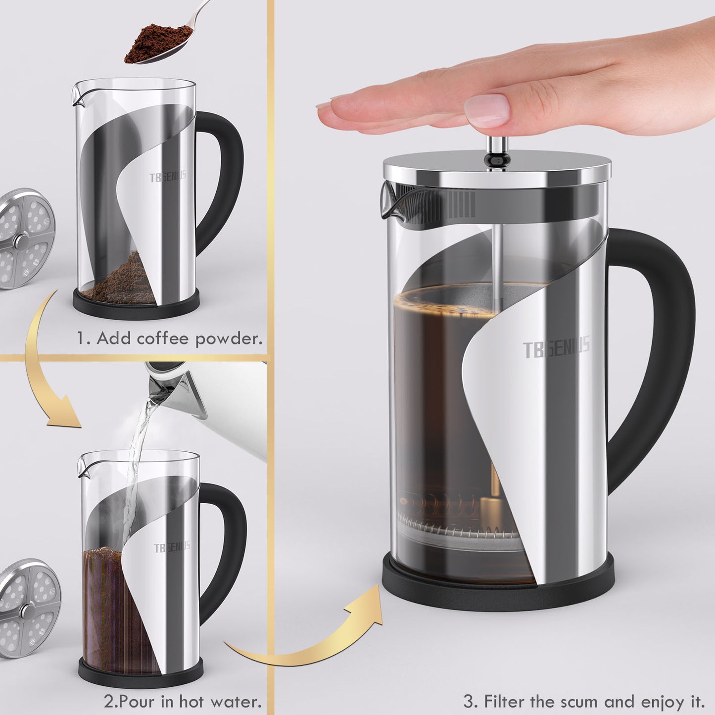 TBGENIUS Cafetiere 2-4 Cups French Press 600ml Coffee Maker 4 Level Filtration System, Metal Housing, Perfect For Coffee Lover Gifts Morning Coffee - Brews Milk Froth And Tea